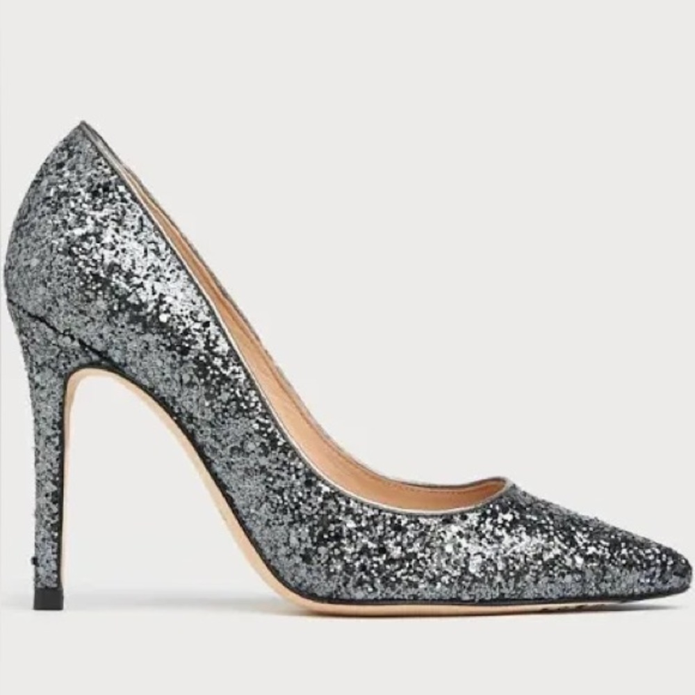 NWT LK Bennett Fern Glitter Metallic Sparkle Gray Court Heels Spain 39.5/US 9.5